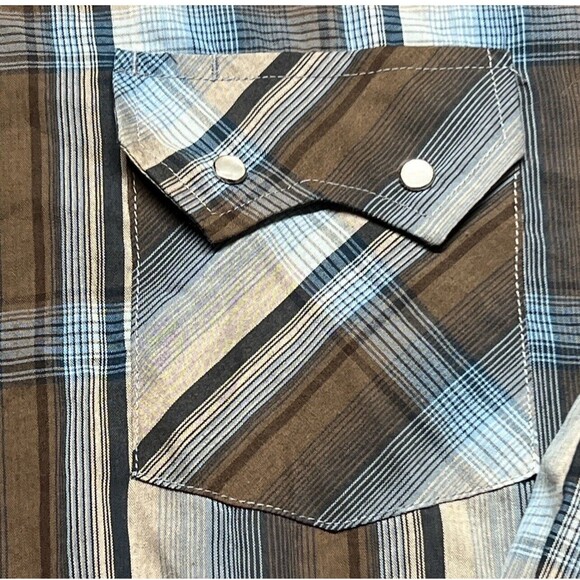VTG Ely Cattleman Mens Shirt 2XL Plaid Brown Blue LS Pearl Snap Collared Western - Picture 6 of 11